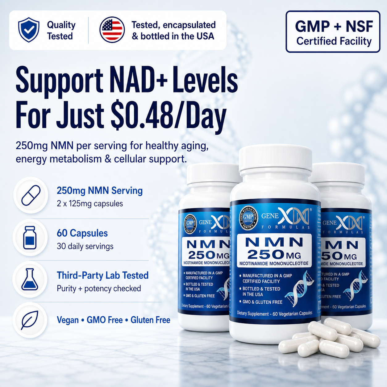 NMN 250mg Anti-Aging Longevity Supplement by Genex Formulas (3 Month Supply)